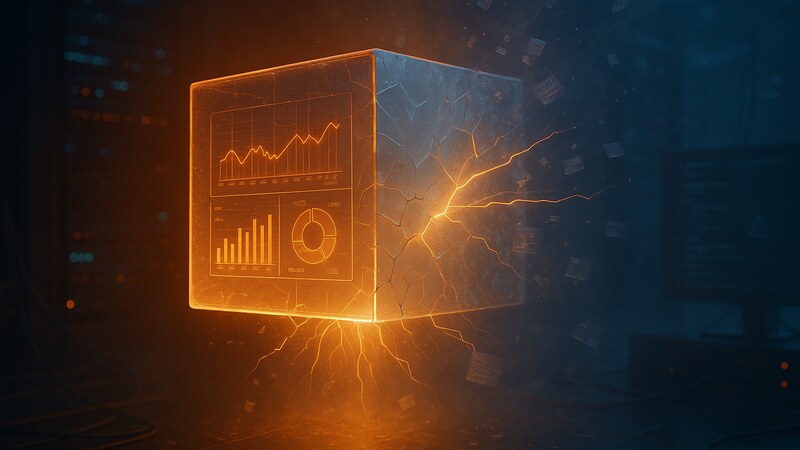 A glowing cube with data visualizations breaking apart, representing the fragility of GenAI POCs under production pressure