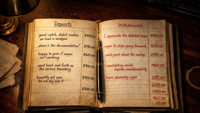 An open ledger showing trust deposits from authentic human feedback versus withdrawals from AI-generated responses, with the withdrawal balance declining to near zero