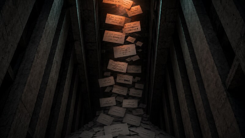 A tall shadowed shaft lit from above, handwritten notes reading 'I feel invisible' and 'I wish you understood' falling from the light into a deep pile of identical printed slips at the bottom