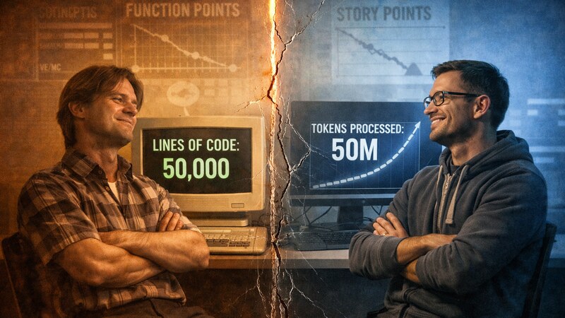 Lines of code vs tokens processed - same vanity metrics, different era