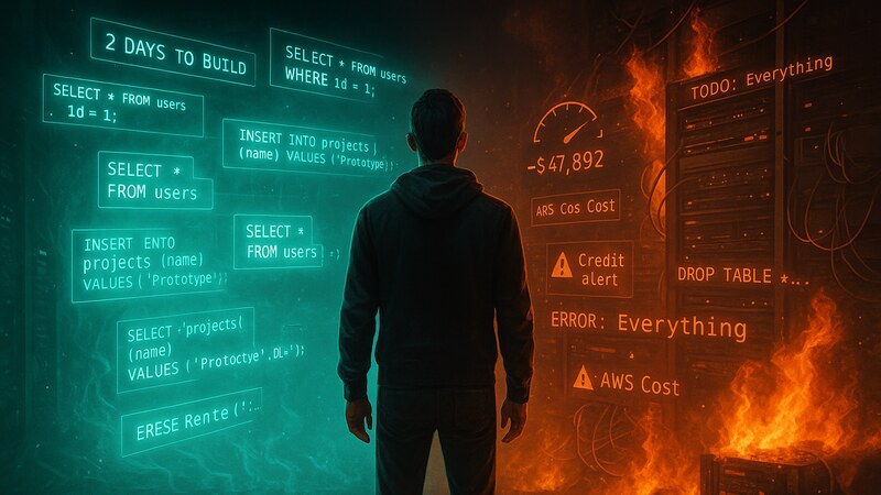 The Prototype Paradox - Developer with '2 days to build' on left, burning production issues on right